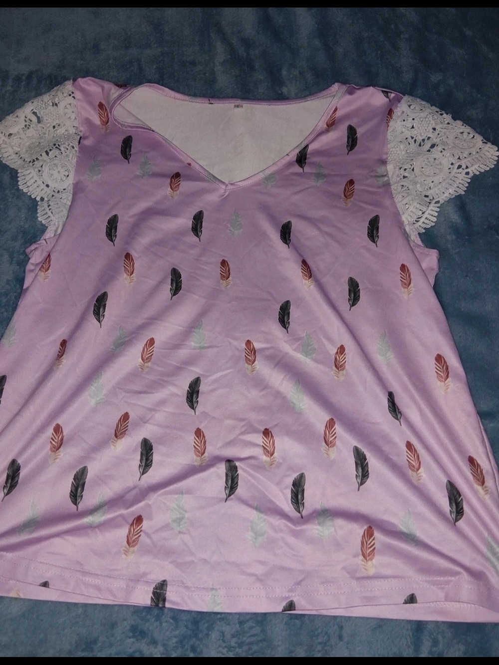 Lavender Feather Print Top with Lace Sleeves